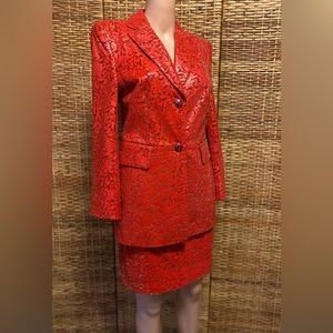 ESCADA Red Embossed Leather Skirt & Blazer Suit 38